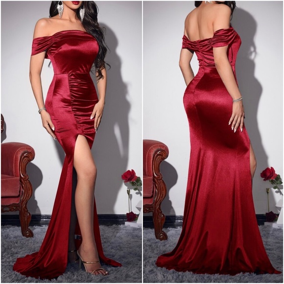 Luxurious Green Off Shoulder Slit thigh formal party evening wedding prom… - Picture 4 of 9